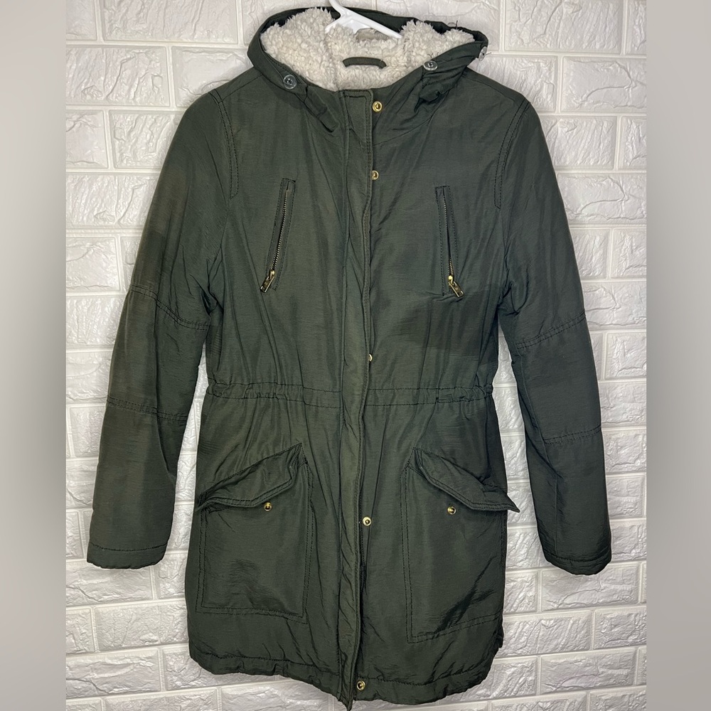 AEO Sherpa Lined Green Hooded Coat Sz Small Adustable Waist